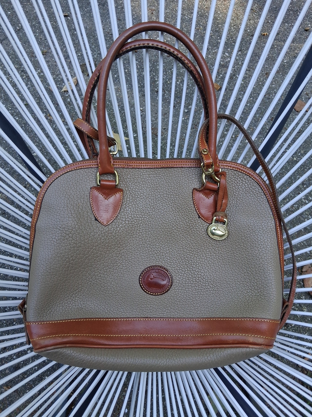 Vintage Dooney & Bourke All-Weather Leather Bag In Taupe Tan Trim W/ Crossbody